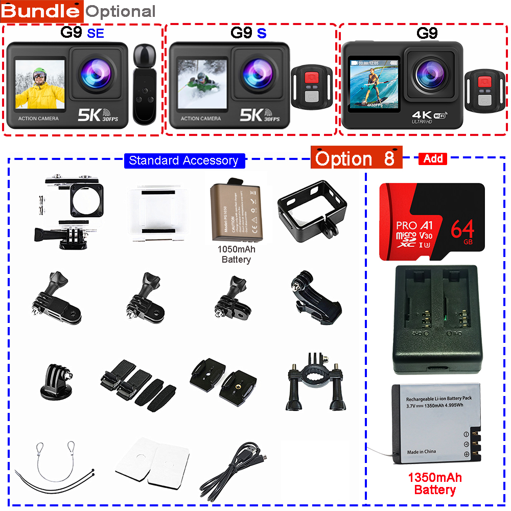 Action Camera 5K 4K60FPS 50MP 2.0 Touch EIS Pre-Record Wireless Mic Wi-Fi 170D DVR Webcam Waterproof 30M 5X Zoom Sports Camera