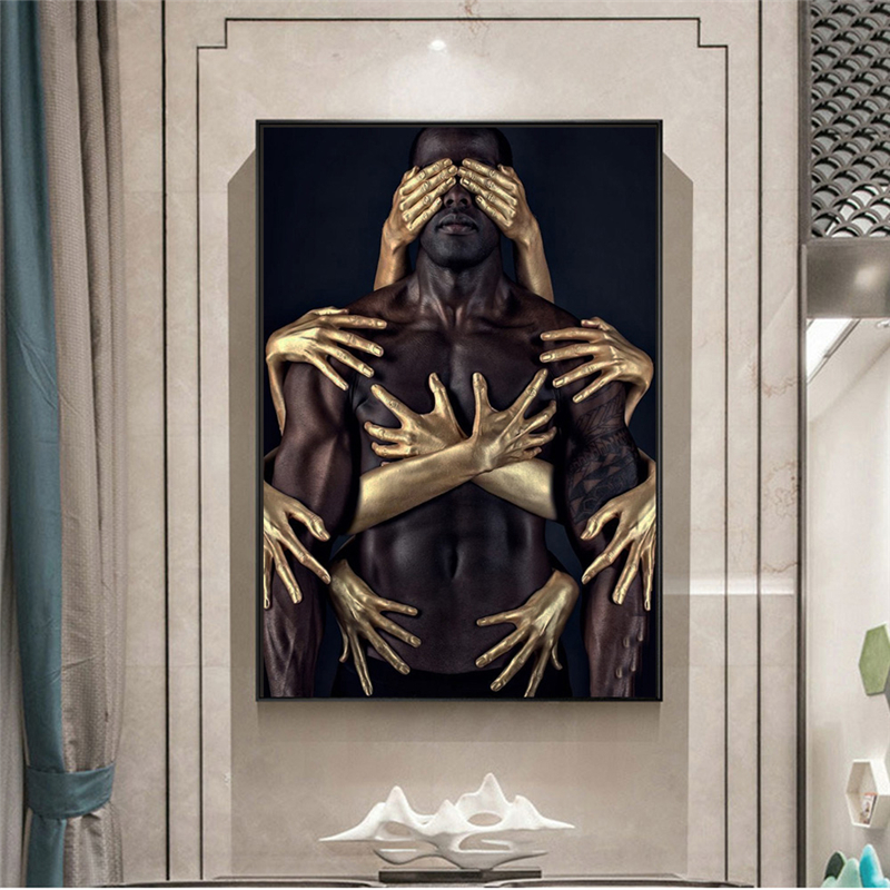 African Art Black Gold Nude Embrace Canvas Paintings Wall Art Posters and Prints Man Woman Wall Pictures for Living Room Cuadros