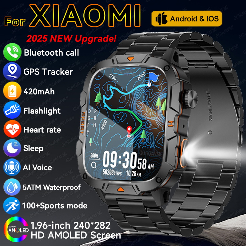 2025 For Xiaomi Outdoor Sports Smart Watch GPS trackr 5ATM Flashlight 1.96" HD Display Screen Bluetooth call Men Fitness Watches