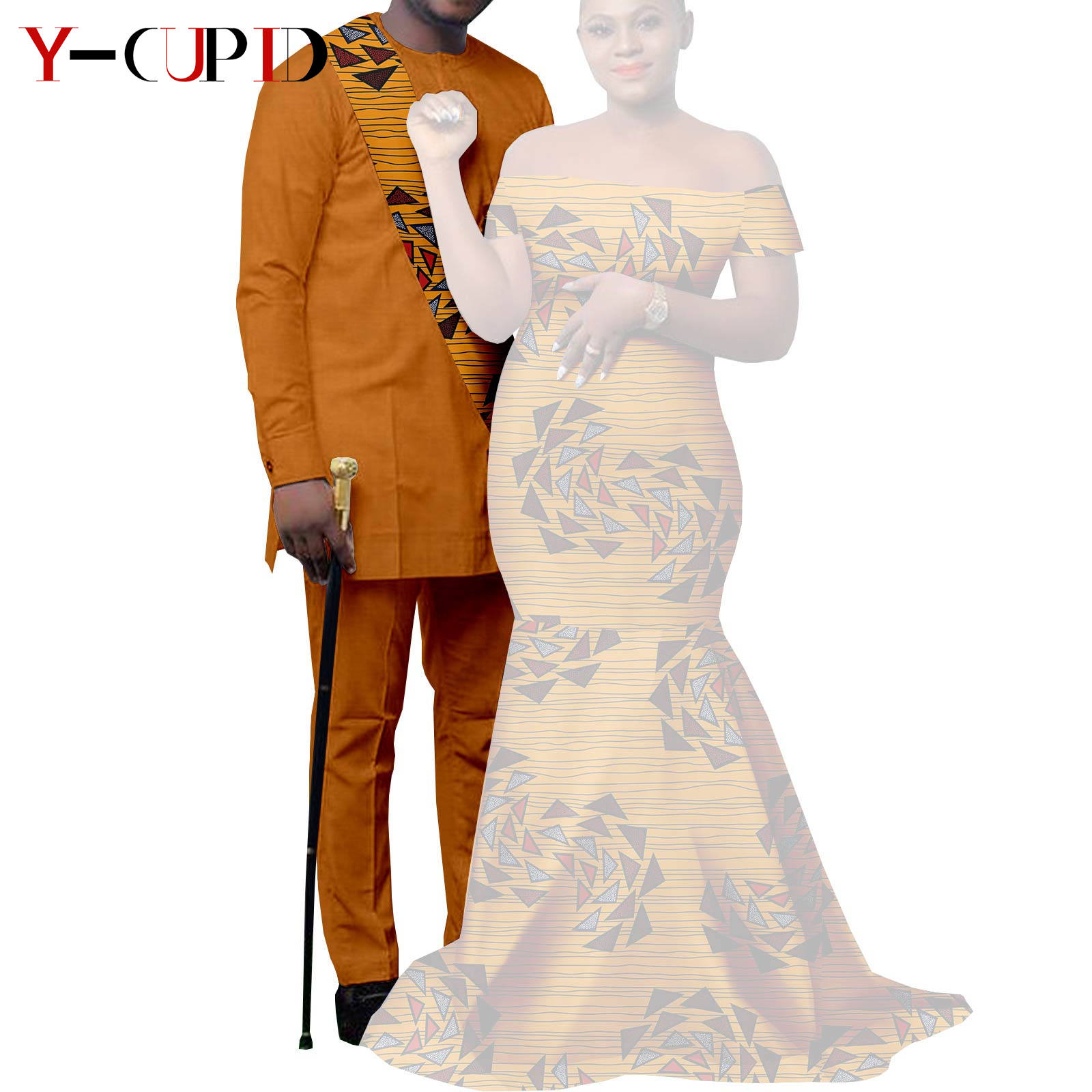 African Clothes for Couples Bazin African Print Long Dresses for Women Match Men Outfits Dashiki Top and Pants Sets Y22C023