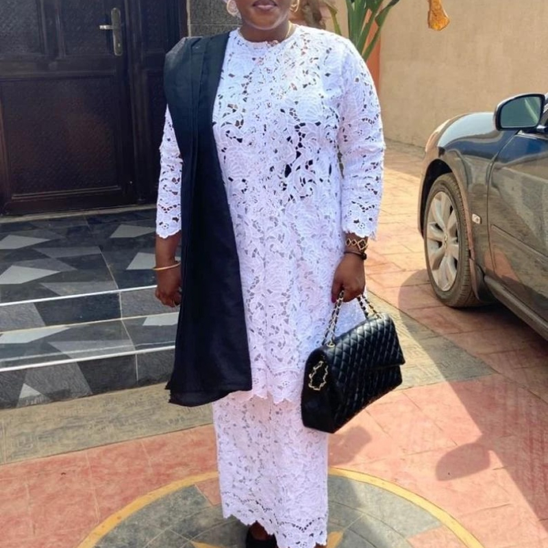 Women White Lace Two Pieces Set Loose Long Tops Shirt with High Waist Skirt Elegant African Clothing Kaftan Church Occasion New