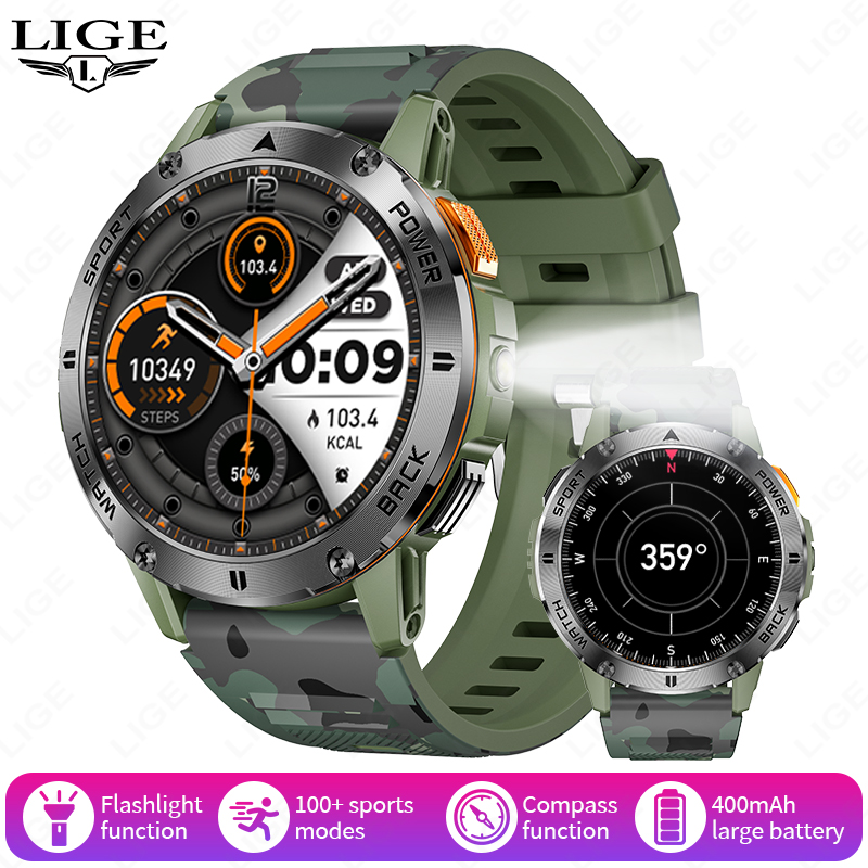 LIGE 2025 Outdoor GPS Sports Tracker Smart Watch Men Compass Bluetooth Call Waterproof Smartwatch LED Flashlight Ftiness Watches