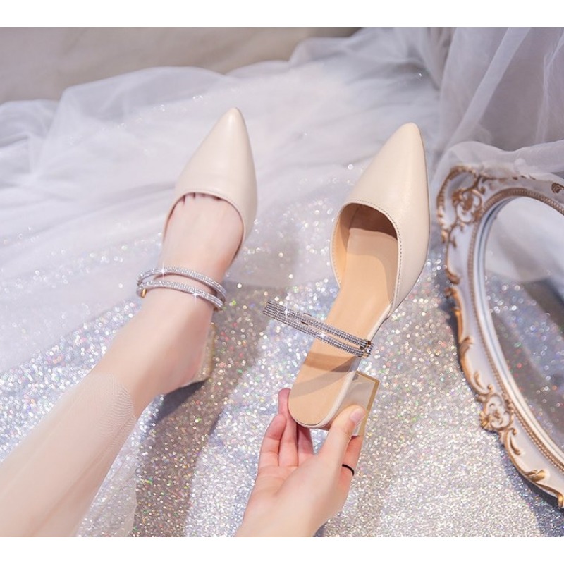 new Korean version fashion rhinestone toe slippers thick-heeled pointed women's summer Hong Kong style two-wear sandals