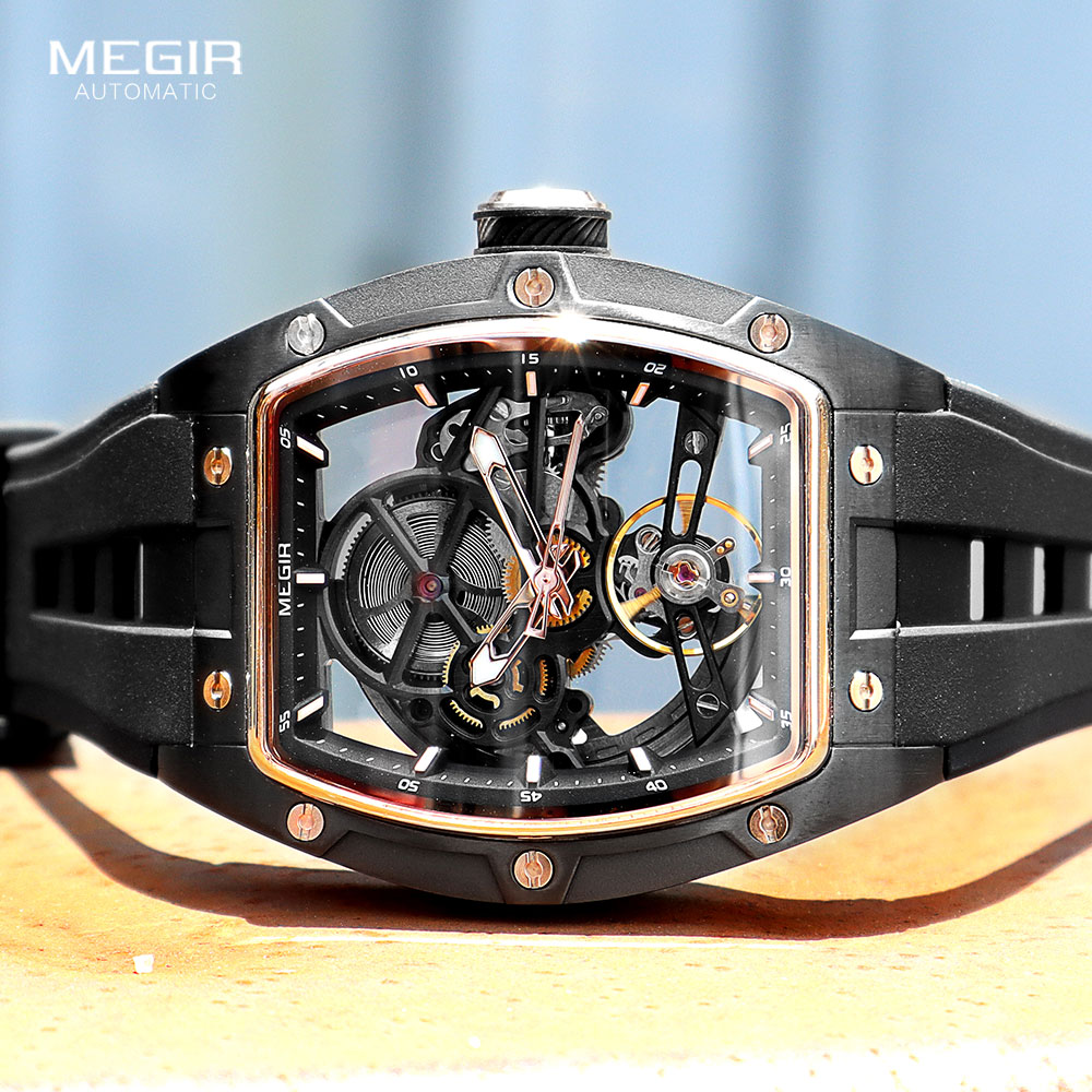 MEGIR Automatic Wristwatch Men Fashion Black Silicone Strap Wateproof Luminous Sport Mechanical Watch with Tonneau Dial 2242