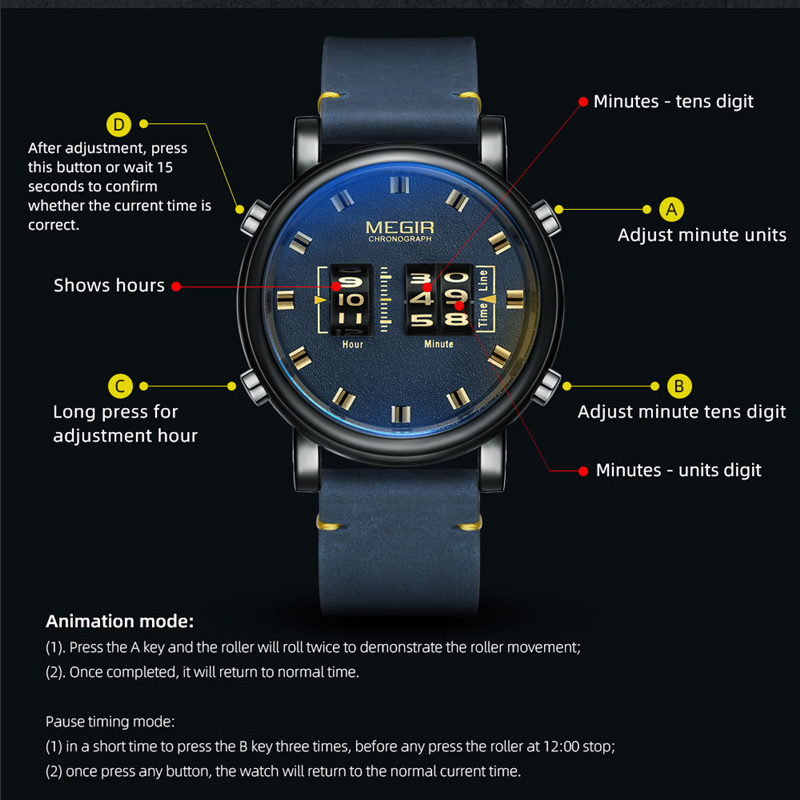 MEGIR Rolling Movement Watches for Men Personality Originality Roller Pointer Leather Fashion Casual Quartz Wristwatch Male