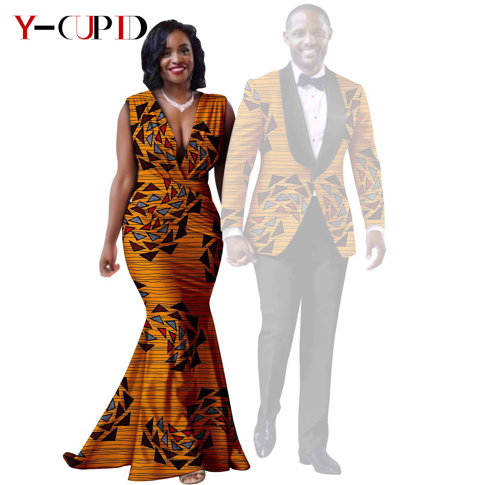 African Print Long Mermaid Dresses for Women Matching Couple Clothes Men Suits Top and Pant Sets Dashiki Party Wedding 25C005