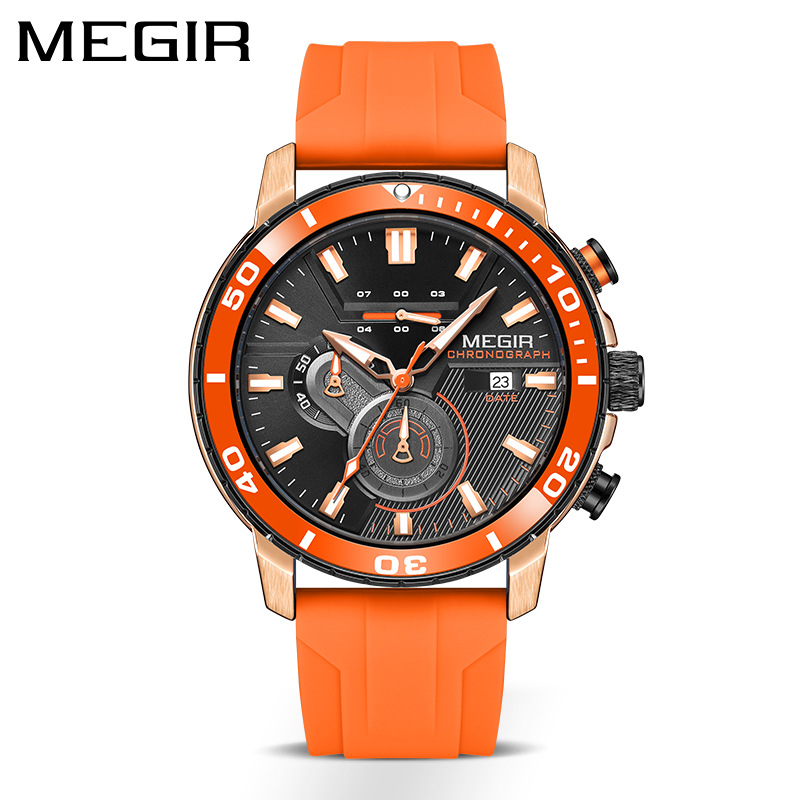 MEGIR 2224 Men Quartz Watch Sport Fashion Creative Cool Orange Silicone Strap Chronograph Luminous Date Wristwatch for Male