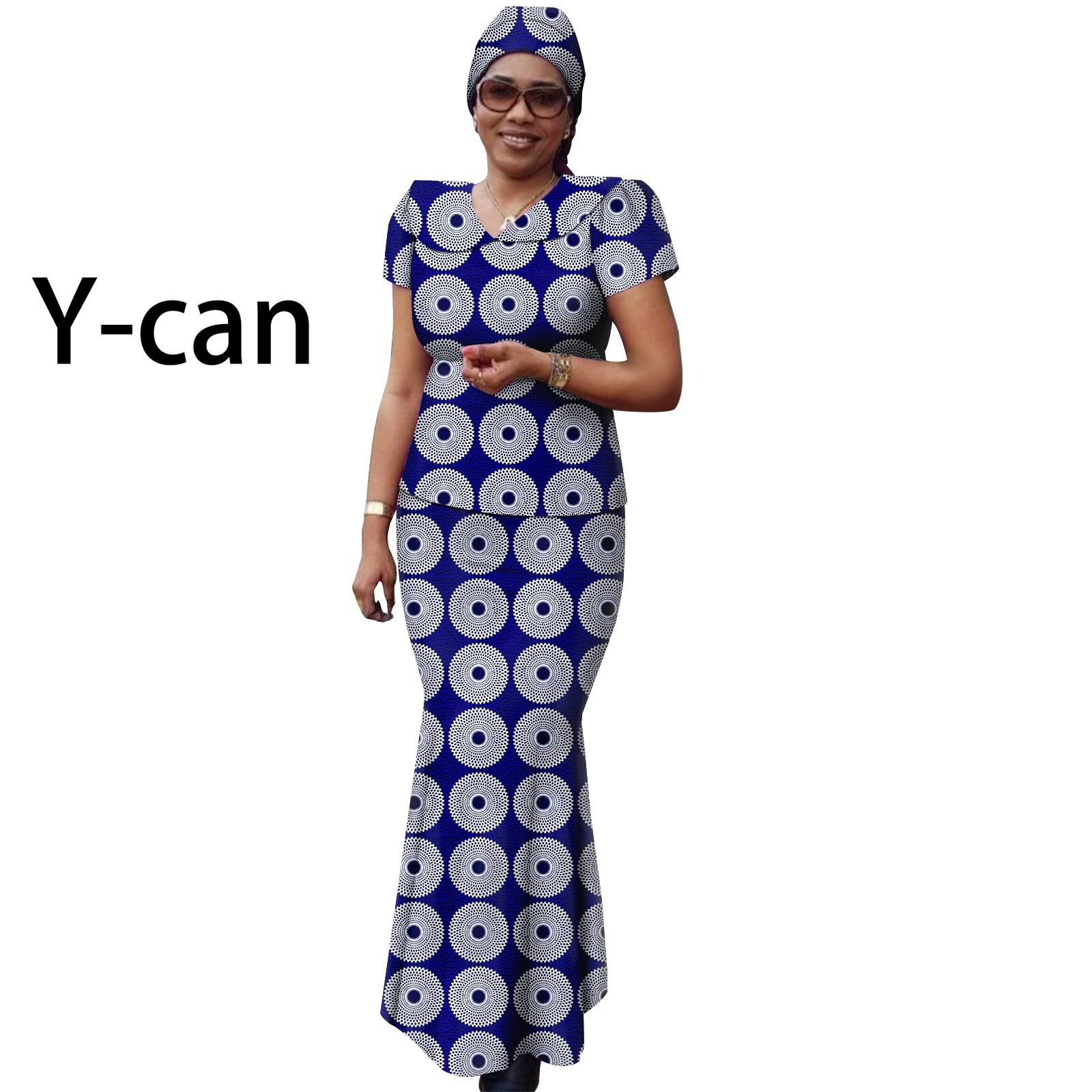 African Women Set Ankara Print Traditional Doll Collar Top and Skirts Match Headscarf Bazin Riche Dashiki Lady Outfits Y2326003