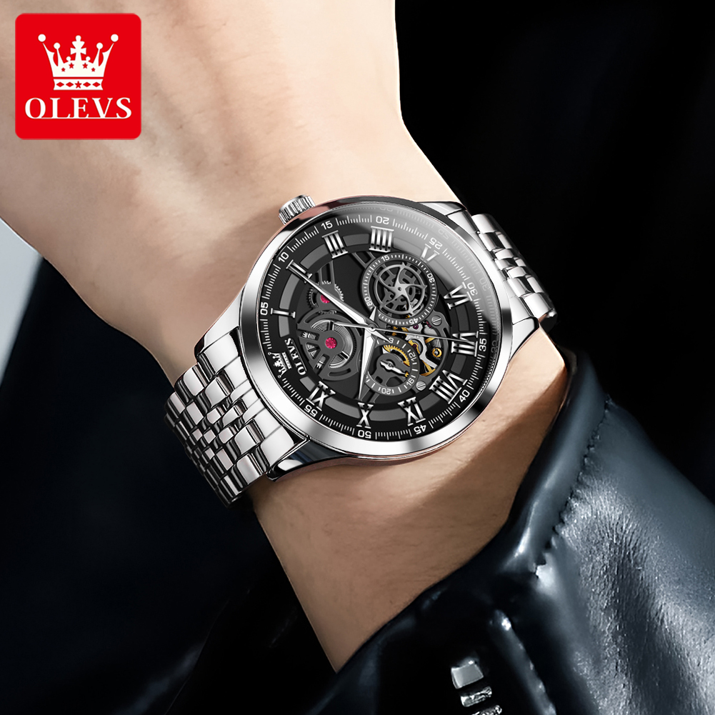 OLEVS Original Skeleton Mechanical Roman Numeral Watch Automatic Luxury Watch Stainless Steel Watches For Men Waterproof 7076