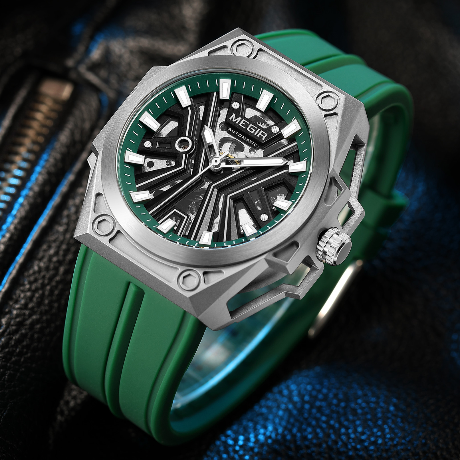 MEGIR New Stainless Steel Case Skeleton Mechanical Watch Waterproof Luminous Men Fully Automatic Wristwatch Silicone Strap Watch