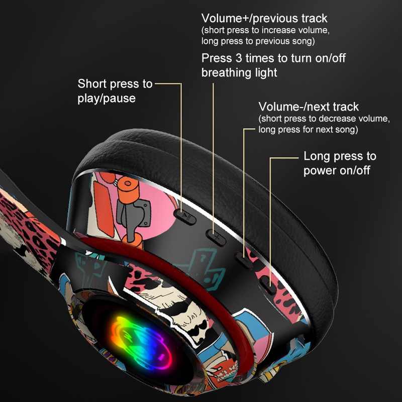 Graffiti Headphones Bluetooth 5.1 DJ Headset Wireless Gamer  with Mic RGB LED Light For Kids PC Gamer Earphone Support TF Card