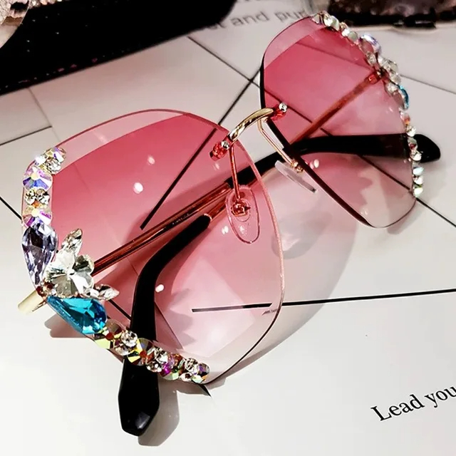 2023 Luxury Brand Design Vintage Rimless Rhinestone Sunglasses Women Men Fashion Gradient Lens Sun Glasses Shades for Female