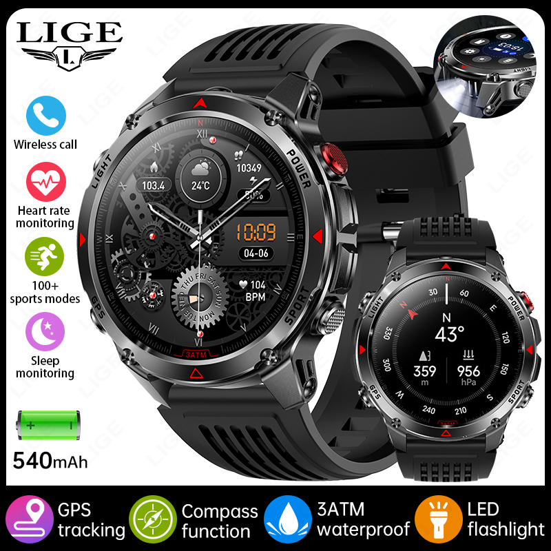 LIGE 2025 New Professional GPS Track Sports Smartwatch Outdoor RIDE Run Compass Altimeter 3ATM Fitness Bracelets 540mAh Watches