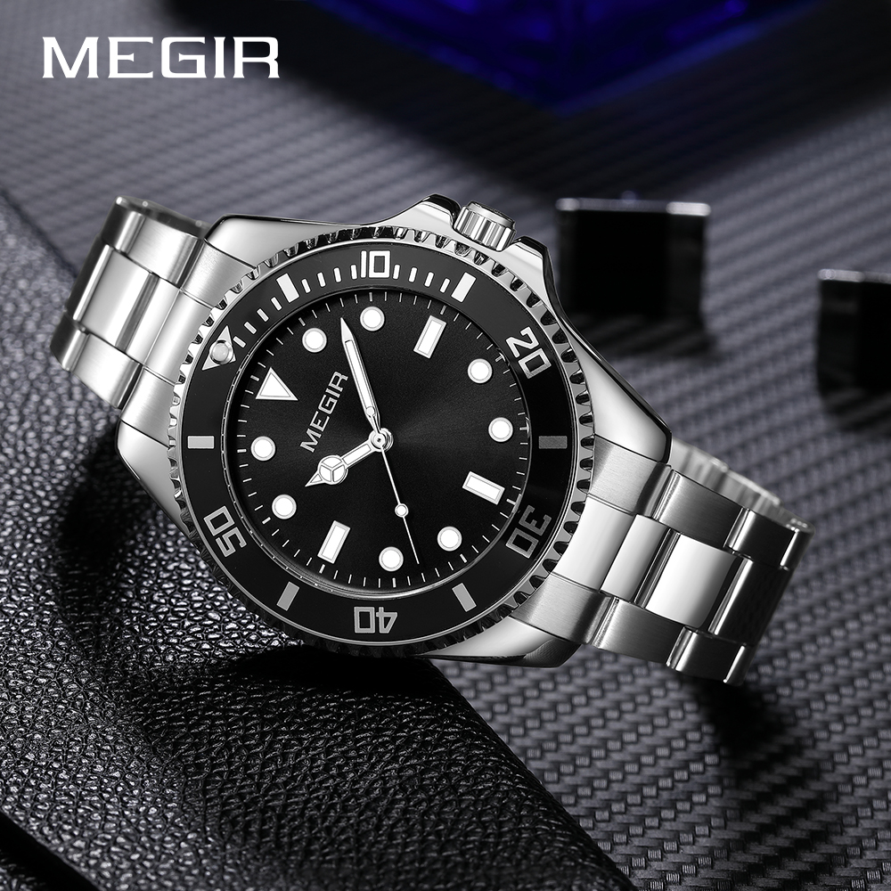 MEGIR Brand Fashion Men's Quartz Watch Steel Strap Display Calendar Watches Classic Man Luxury Waterproof Wristwatch Clock