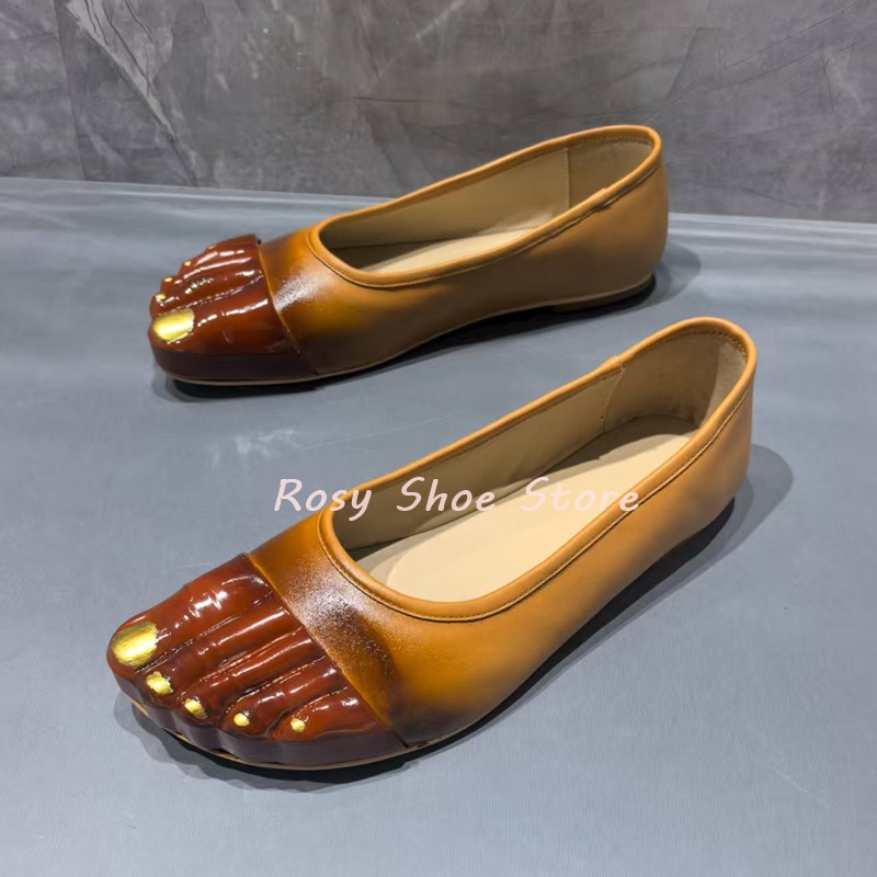 Peculiar Five Toe Design Black Apricot Leather Shallow Mouth Women's Casual Shoes Spring Autumn Flat Slip On Street Style Shoes