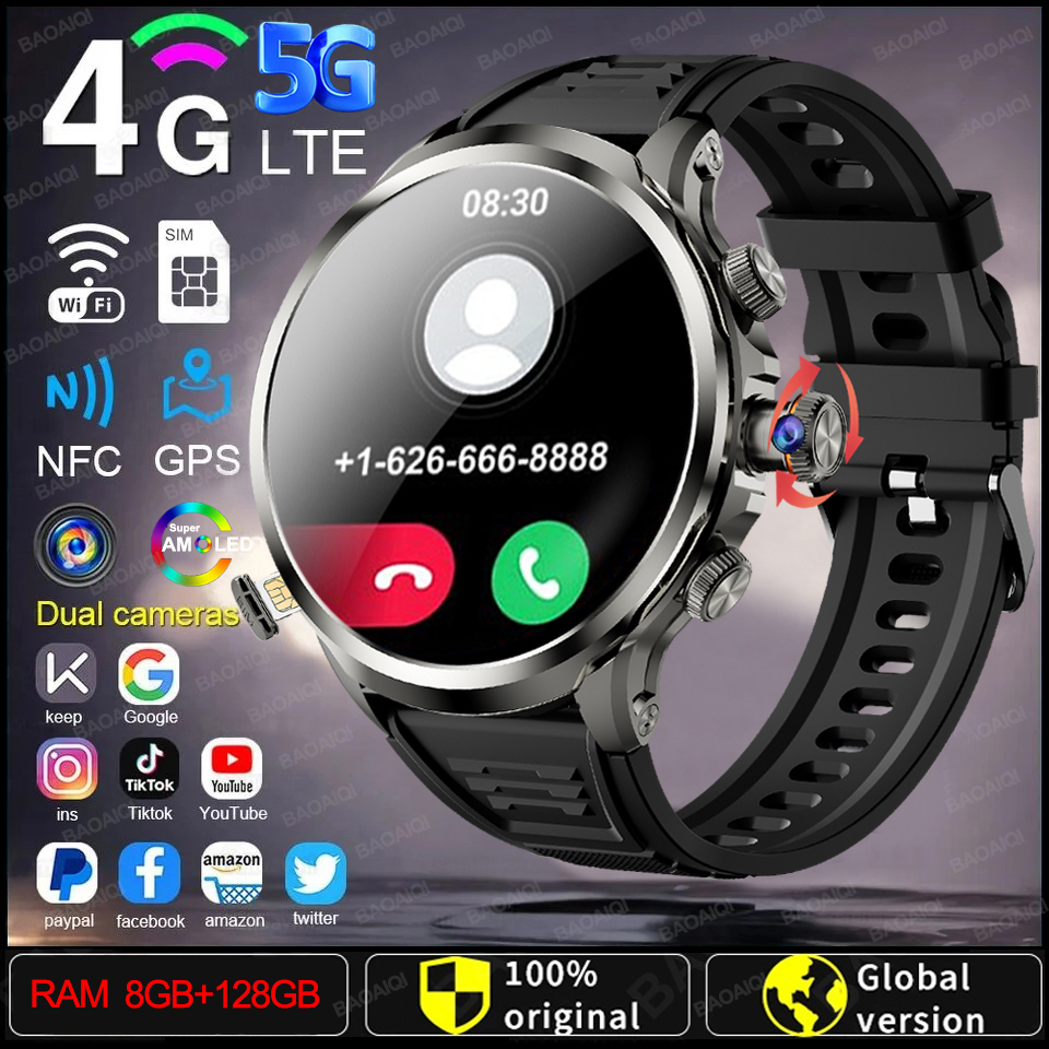 5G/4G Smart Watch 1.95 inch 680*680 AMOLED Screen 8GB+128GB RAM 900W Camera GPS WIFI Google APPS Download Android 9.0 Smartwatch