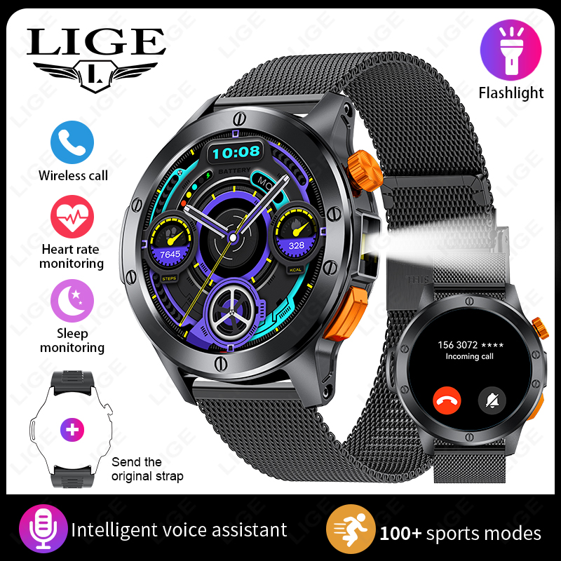 LIGE Fashion Smart Watch Men Voice Assistant Bluetooth Call Heart Rate Monitoring IP68 Waterproof LED Flashlight Men SmartWatch