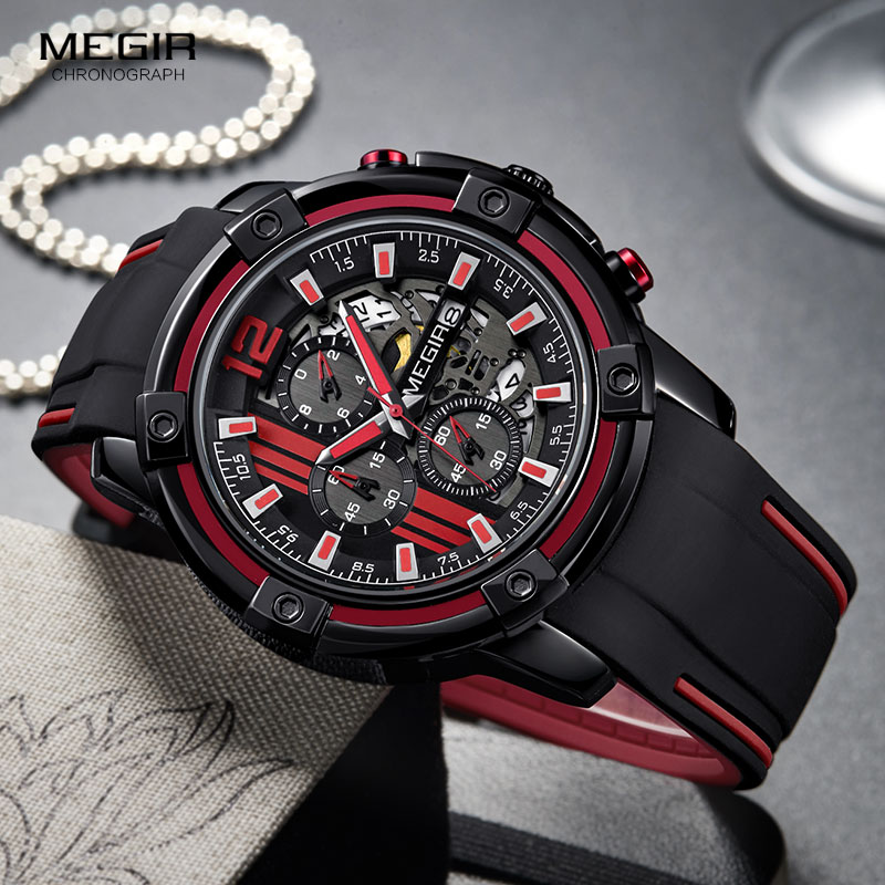 Megir Men's Sports Quartz Watches Army Military Chronograph Wristwatch for Man Luminous Relogios Masculino Clock  2097 Black Red
