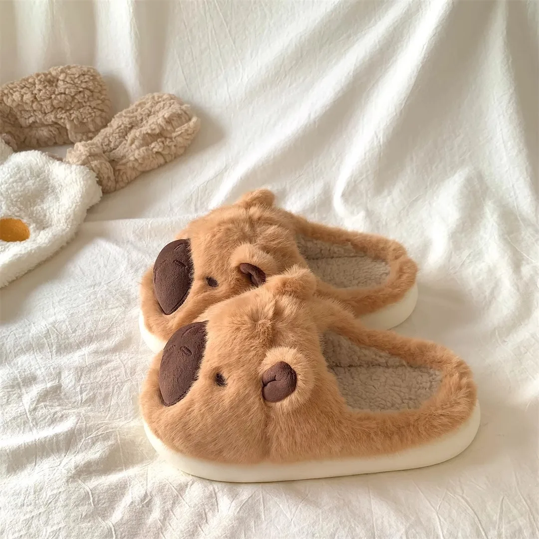 Capybara Slippers Women Winter One Word Cotton Cartoon Anime Cute Student Bedroom Suede Warm Fury Slippers Non Slip Flat Shoes