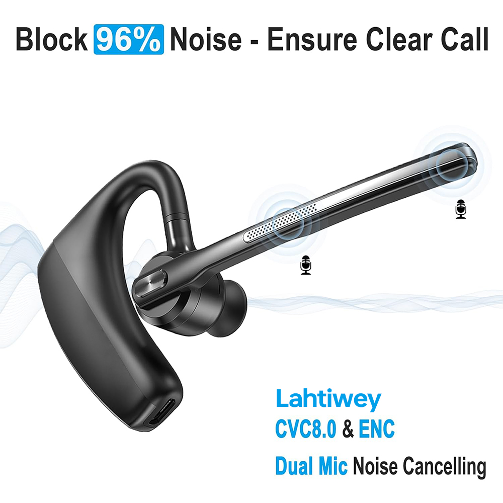 Bluetooth Headset, Wireless Earpiece with Charging Case, Bluetooth Headphones with Dual-Mic Noise Cancelling for Trucker Office