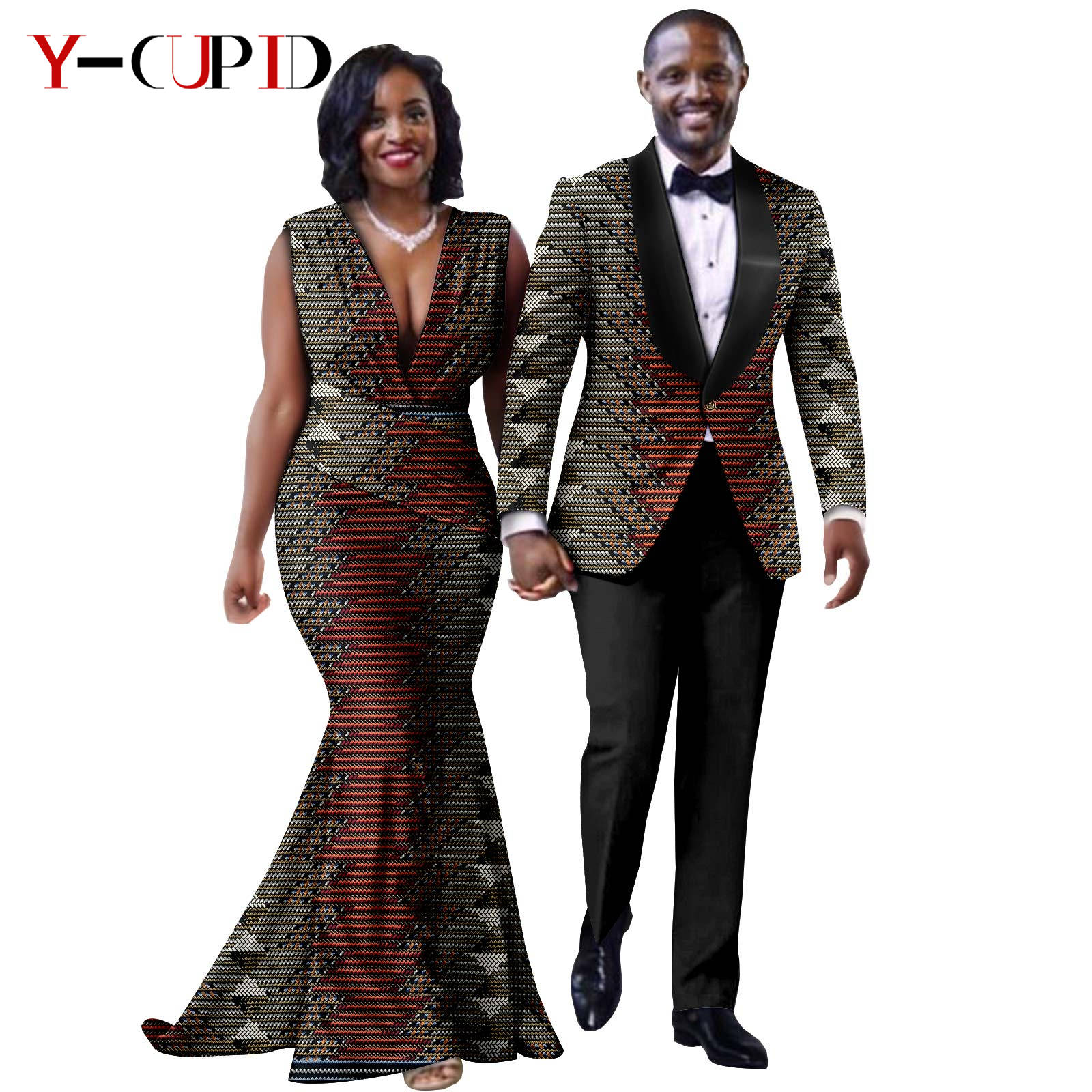 African Print Long Mermaid Dresses for Women Matching Couple Clothes Men Suits Top and Pant Sets Dashiki Party Wedding 25C005