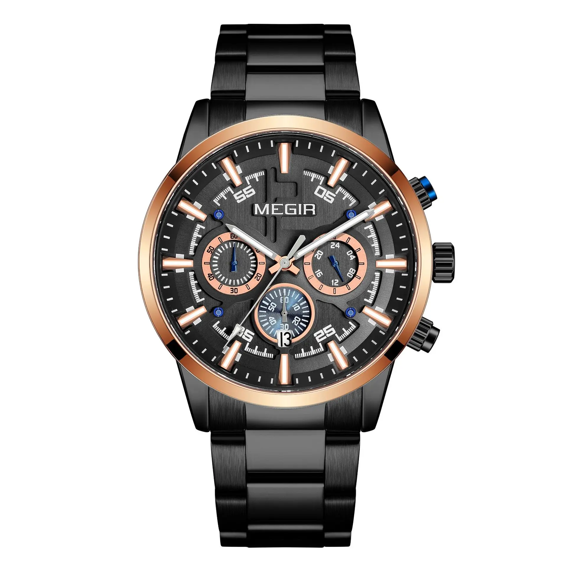 MEGIR 2220 Men's Quartz Watch Fashion and Elegant Business Chronograph Calendar Waterproof Stainless Steel Strap Watches for Man