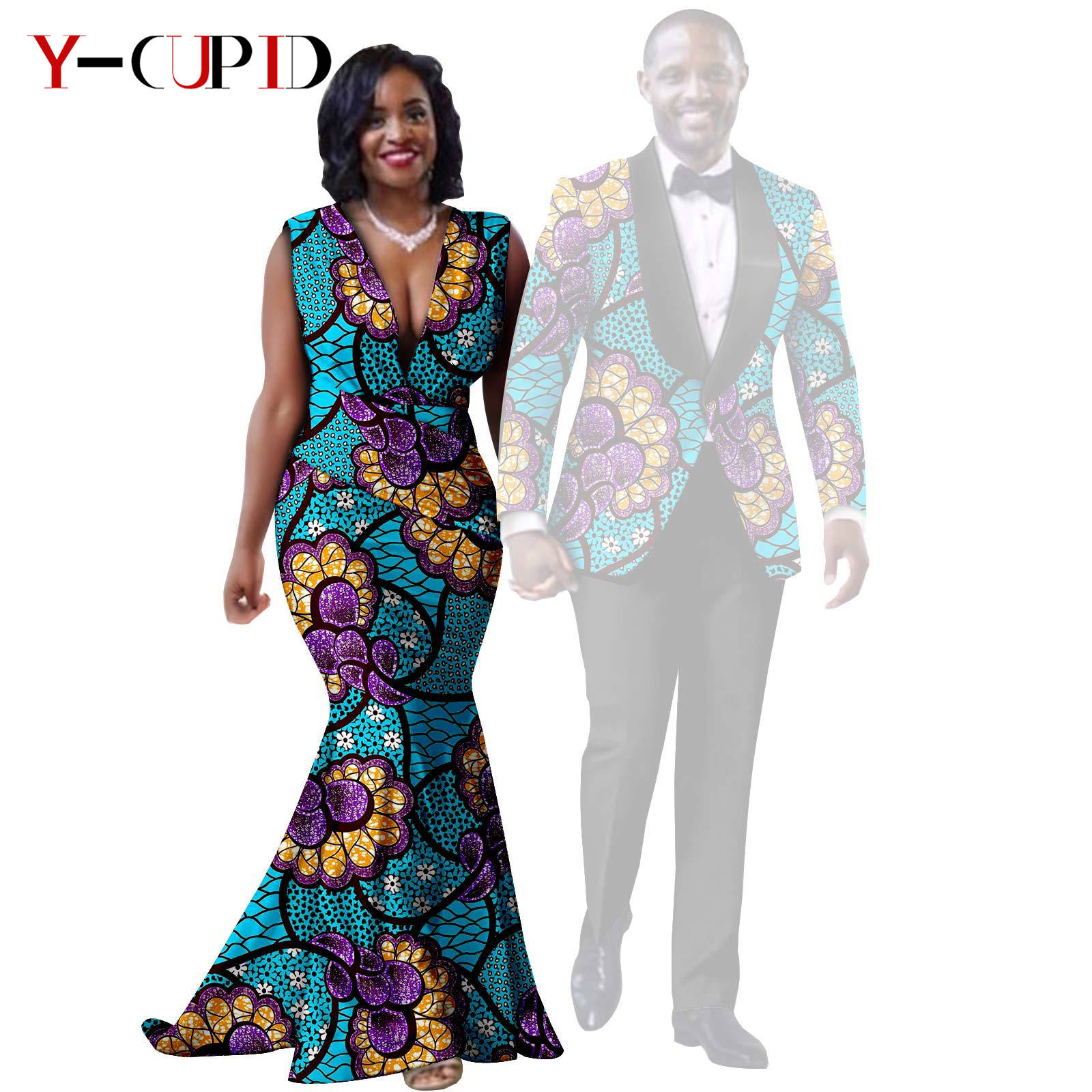 African Print Long Mermaid Dresses for Women Matching Couple Clothes Men Suits Top and Pant Sets Dashiki Party Wedding 25C005