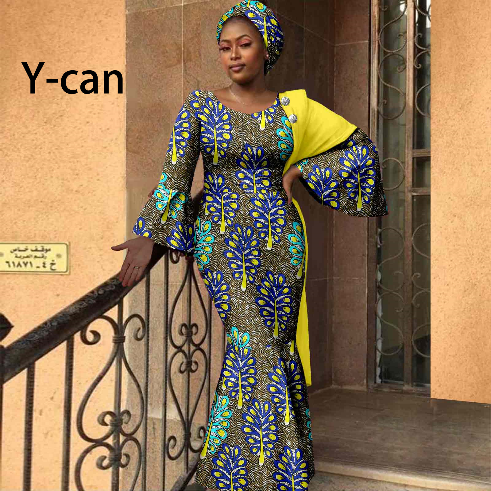 African Women Dresses Dashiki Ankara Print Slim Long Dress with Headwrap Bazin Riche Ladies Outftis Party Vestidos Y2225023