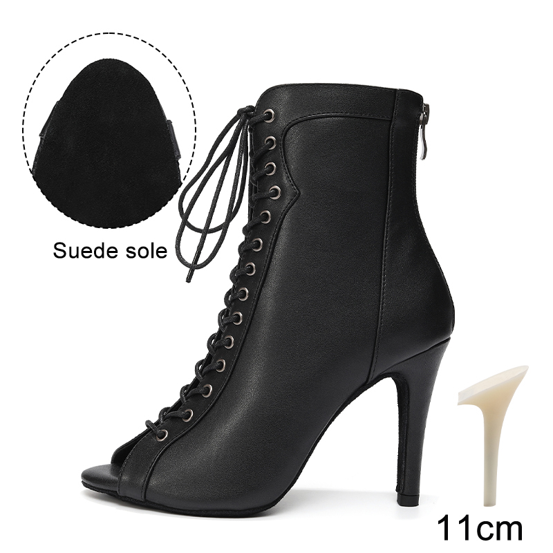 HROYL High Heel Dance Shoes Woman Beige Black Latin Dance Booties Women Open Toe Lace Up Stiletto Boots for Girls Suede Sole