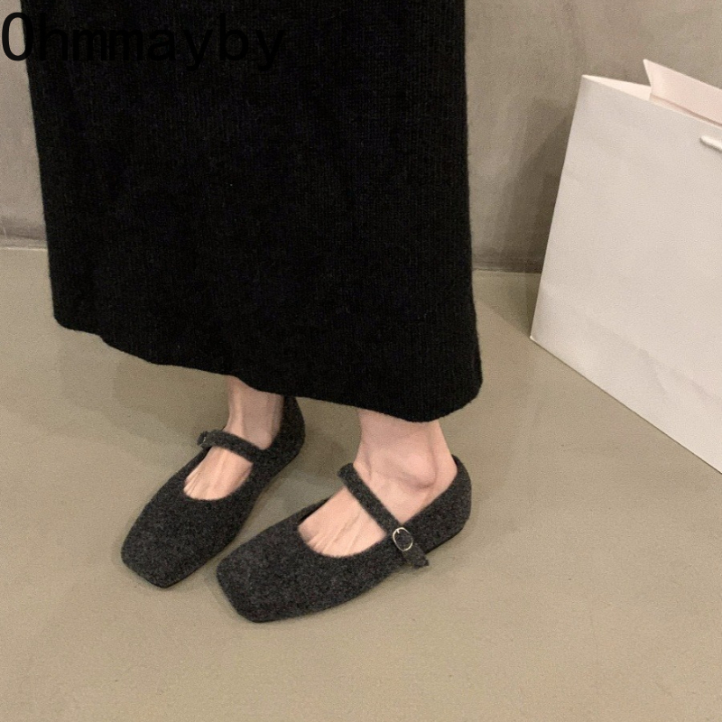 Autumn Woolen Fur Women Cotton Flats Shoes Concise Outdoor Soft Sole Shoes Ladies Comfort Square Toe Warm Mary Jane Shoes