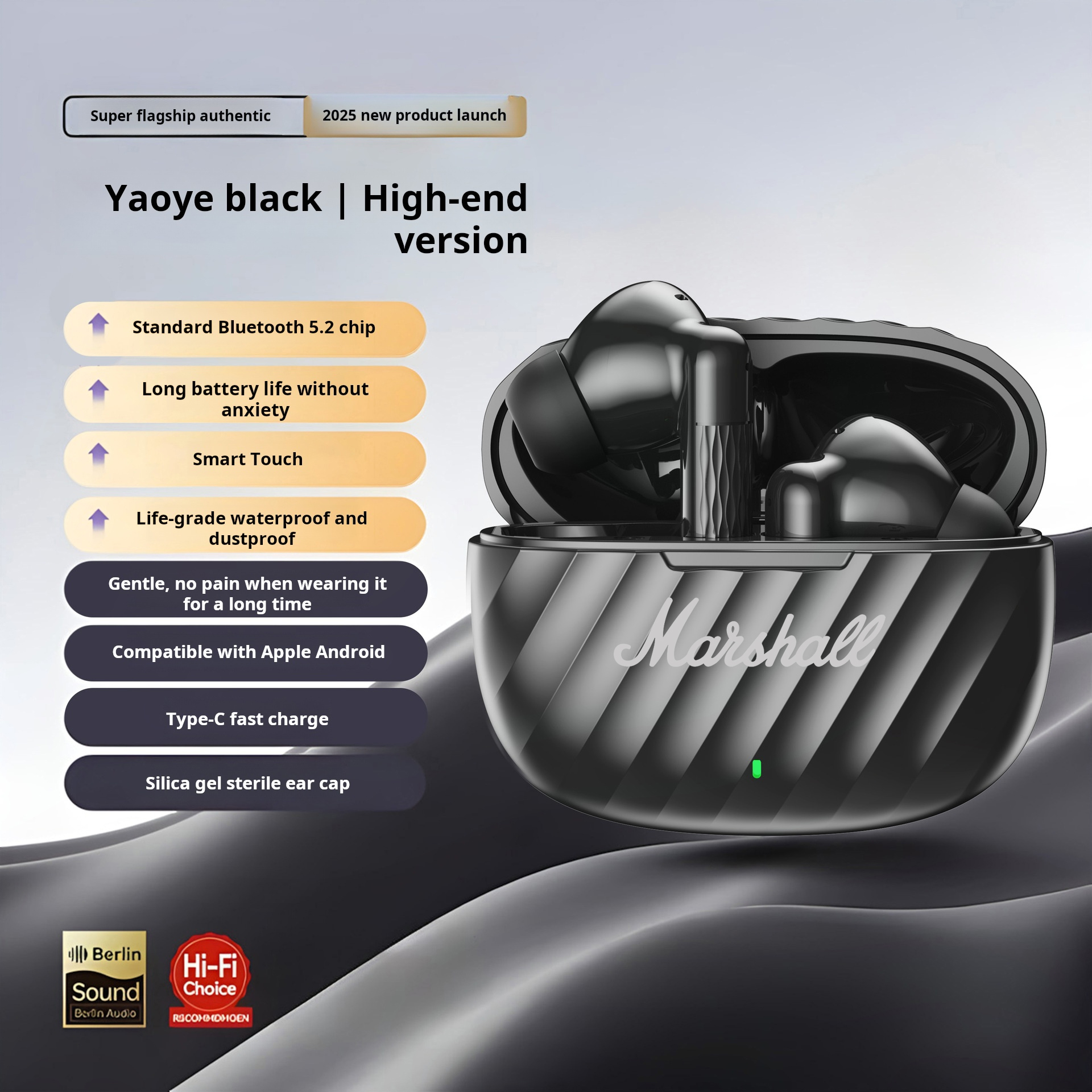 Marshall Bluetooth Headset In-Ear Wireless Sport Headphones HiFi Stereo Earphone With Mic Earbuds For for Android and Apple