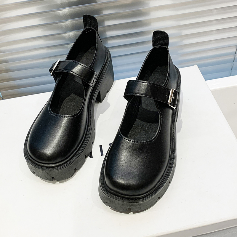 Thick-soled Small Leather Shoes for Women's Spring 2025 New Retro Round Head One-word Buckle Single Shoes