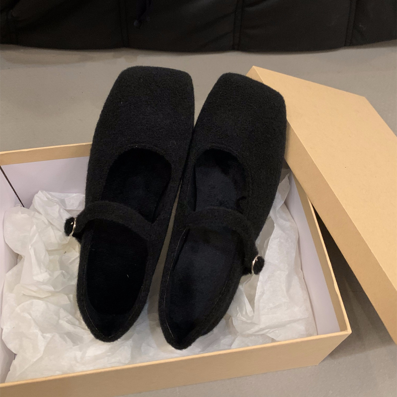 Autumn Woolen Fur Women Cotton Flats Shoes Concise Outdoor Soft Sole Shoes Ladies Comfort Square Toe Warm Mary Jane Shoes