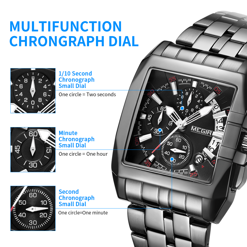 MEGIR Original Luxury Men Watch Stainless Steel Quartz Military Wristwatch Business Big Dial Chronograph Relogio Masculino 2018