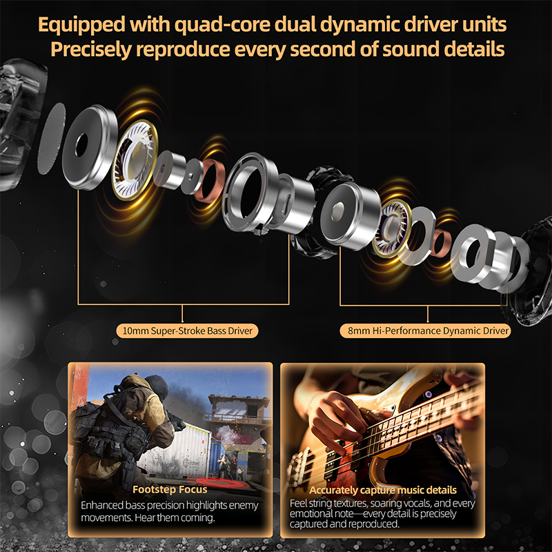 KZ Duet Quad Core Dual Dynamic Drivers In-ear Wired Headphones for HiFi Music Gaming Stereo Sound Quality Headphones