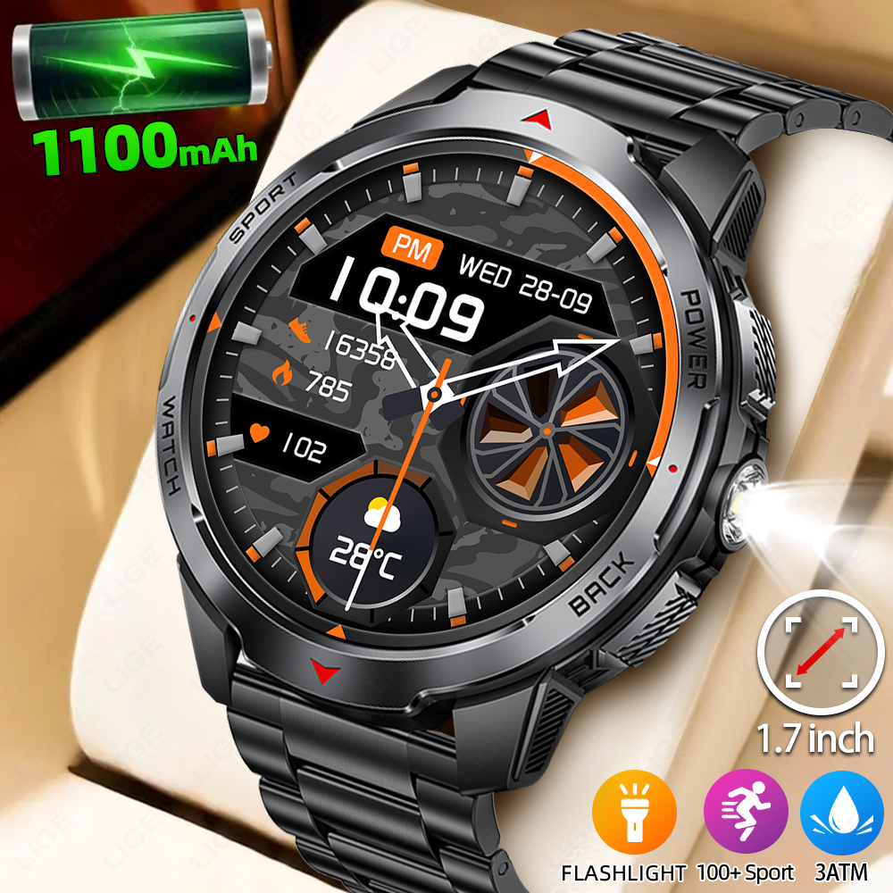 LIGE New 1100mAh Battery Smart Watches For Man Outdoor Sport LED Flashlight Compass Men’s Smartwatch Bluetooth Call Men Watches