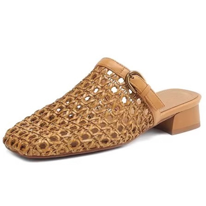 French Retro Fashion Woven Breathable Hollow Women's Slippers Bag Head Half Drag Summer Wear Low-heeled Casual Mesh Muller Shoes