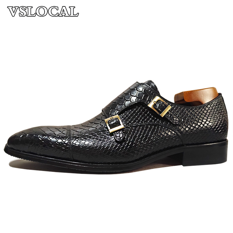 Luxury Men's Loafers Shoes Snake Prints Formal Dress Mens Casual Shoes Black Brown Genuine Leather Double Monk Shoes Men