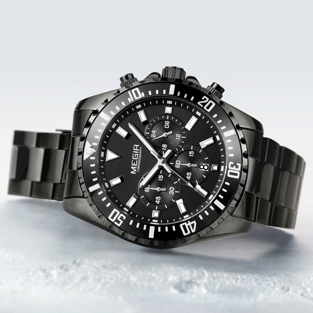 MEGIR Men's Stainless Steel Waterproof Luminous Wristwatch Chronograph Sport Quartz Analogue white Three-eyes Watches for Mens