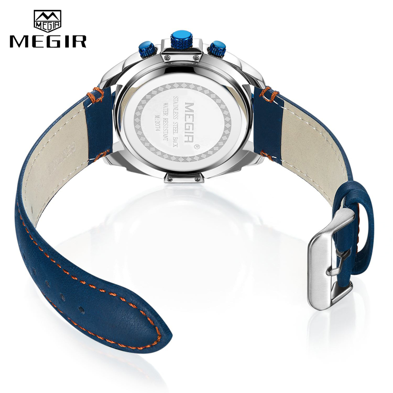 Men's Army Military Wrist Watch MEGIR Men Luxury Blue Watch Leather Sports Watches Mens Business Waterproof Quartz Clock Relogio