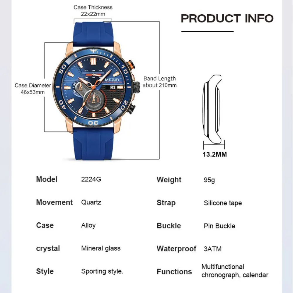 MEGIR 2224 Men's Quartz Watch Sport Fashion Creative Waterproof Silicone Strap Chronograph Night Light Date Watches for Man