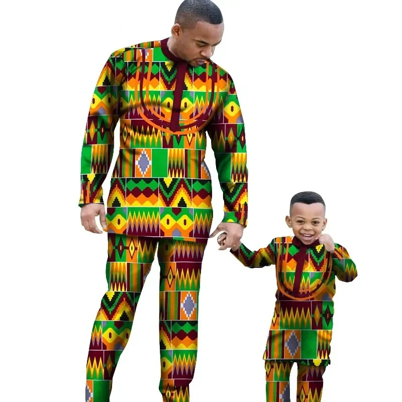 African Parent-child Clothing Long Sleeve Slim Fits Dashiki Outfits for Father Boys Fashion Men African Clothes Sets Wyq340