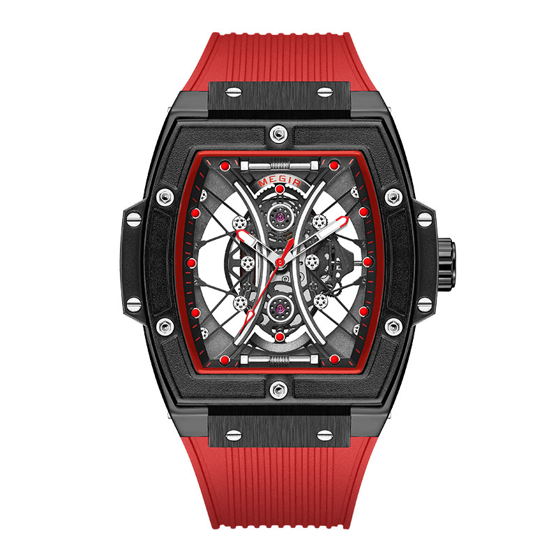 MEGIR Fashion Analog Quartz Watch Men Tonneau Dial Waterproof Military Sport Wristwatch with Luminous Hands Orange Silicone Band