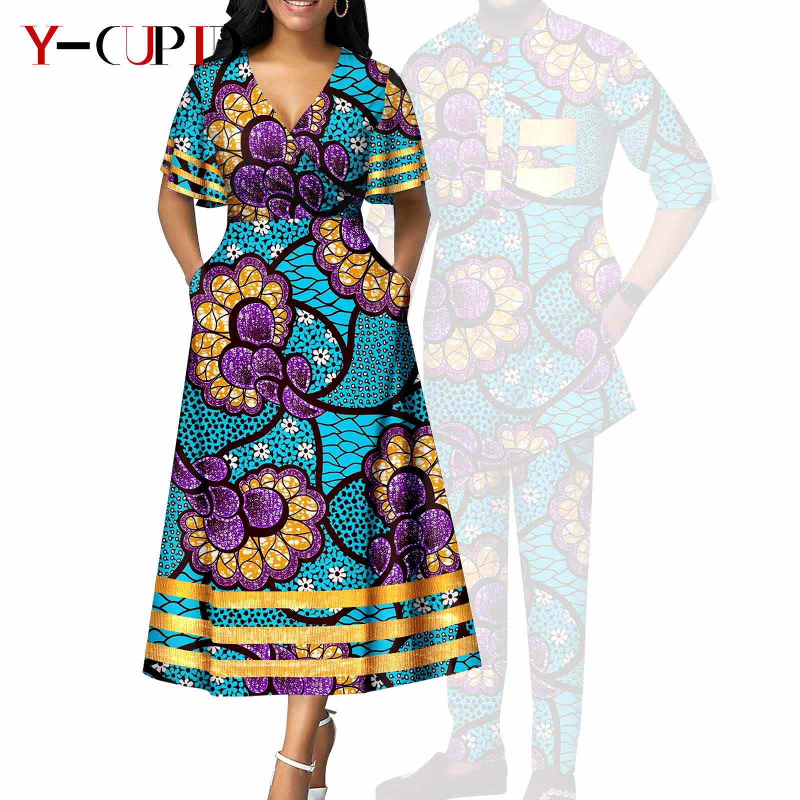 African Print V-neck Dresses for Women Couple Matching Men Outfits Top and Pant Sets Dashiki Bazin Riche Lover Outwear Y23C086