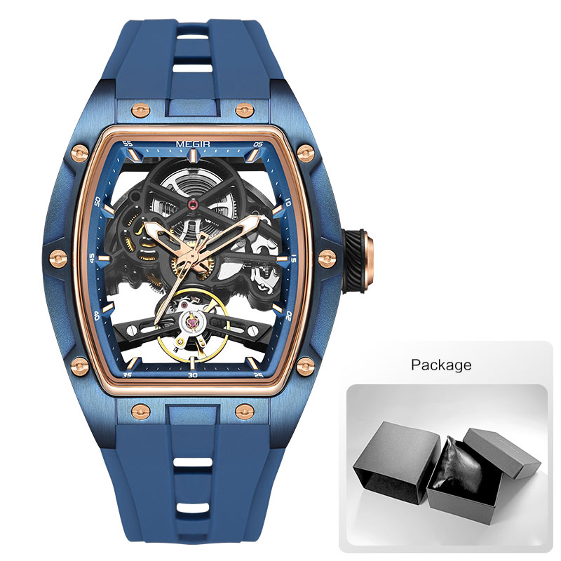 MEGIR 2242 Blue Automatic Watch for Men Sport Waterproof Stainless Steel Mechanical Wristwatch with Silicone Strap Skeleton Dial