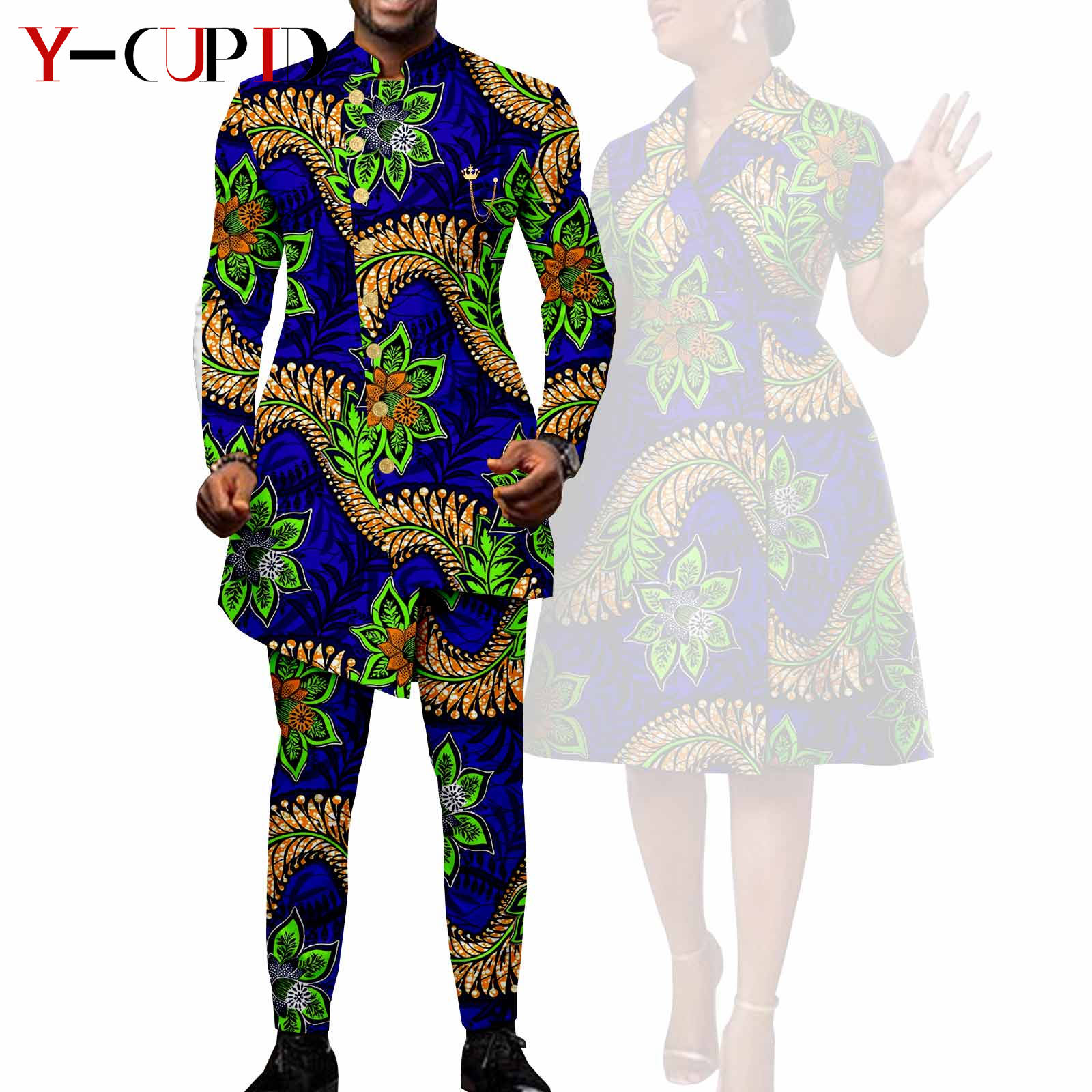 African Suits for Men Single Breasted Fit Jackets Matching Couple Outfits Bazin Riche Dashiki Print Dresses Trench Coats Y23C007