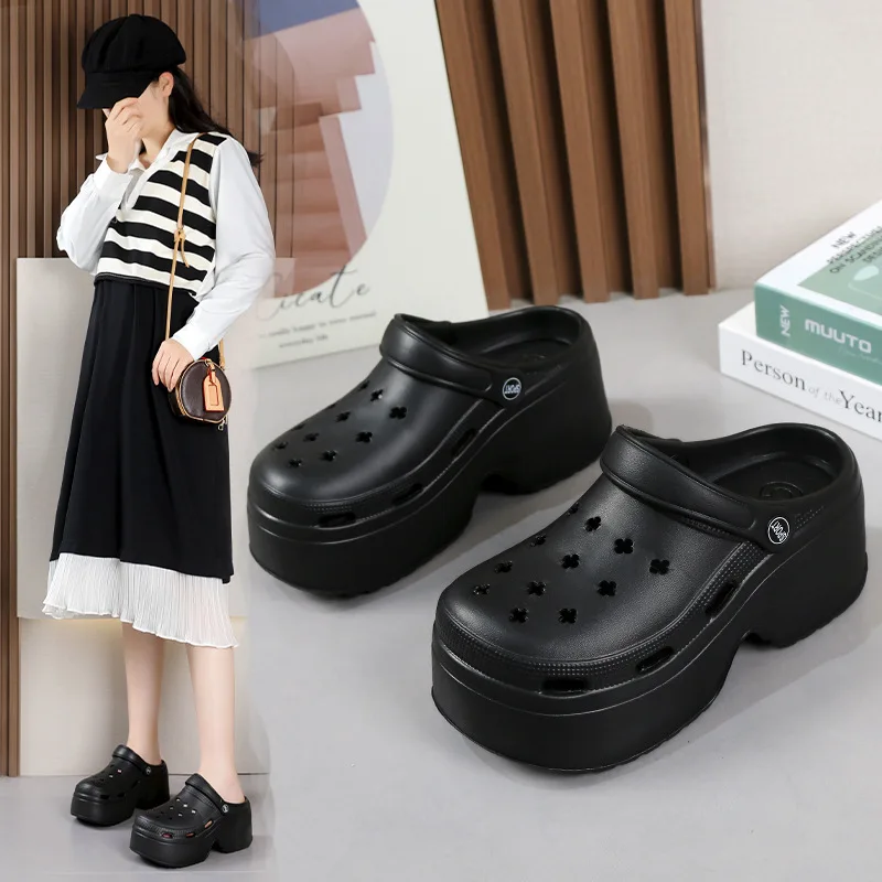 Women's 9CM Thick Sandals Shoes Summer Slippers High Heel Soft Sole Beach Garden Shoes Outdoor Waterproof Women's Hole Shoes