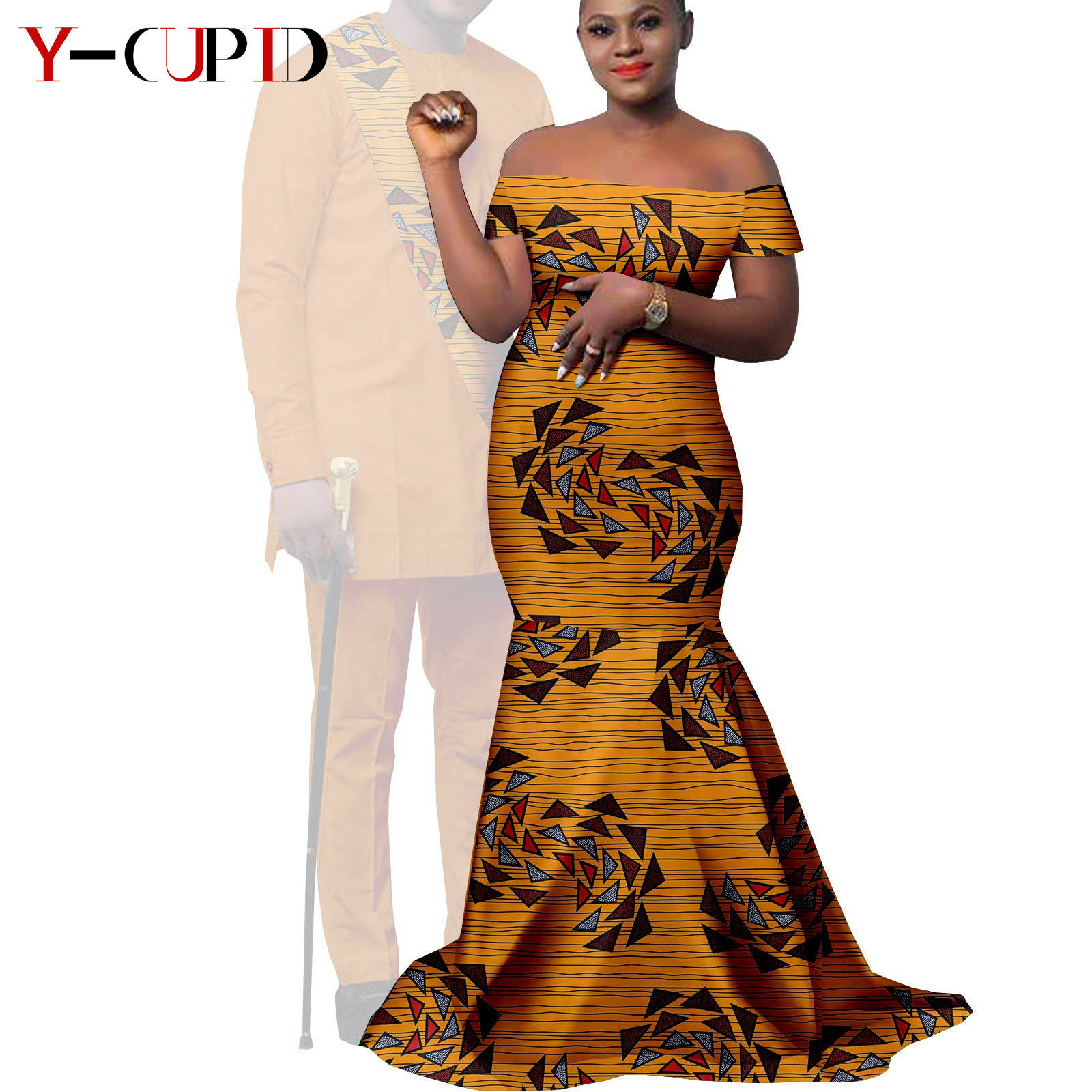 African Clothes for Couples Bazin African Print Long Dresses for Women Match Men Outfits Dashiki Top and Pants Sets Y22C023