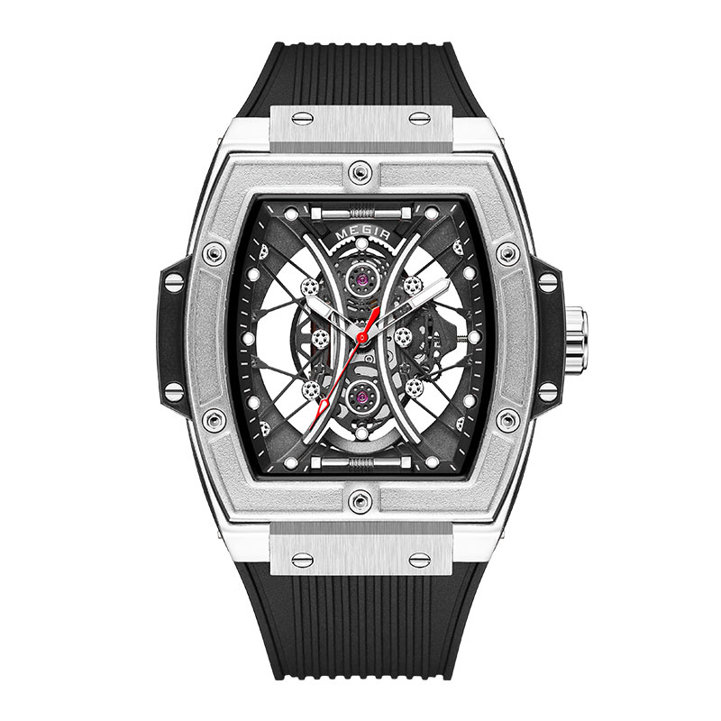 MEGIR Fashion Analog Quartz Watch Men Tonneau Dial Waterproof Military Sport Wristwatch with Luminous Hands Orange Silicone Band