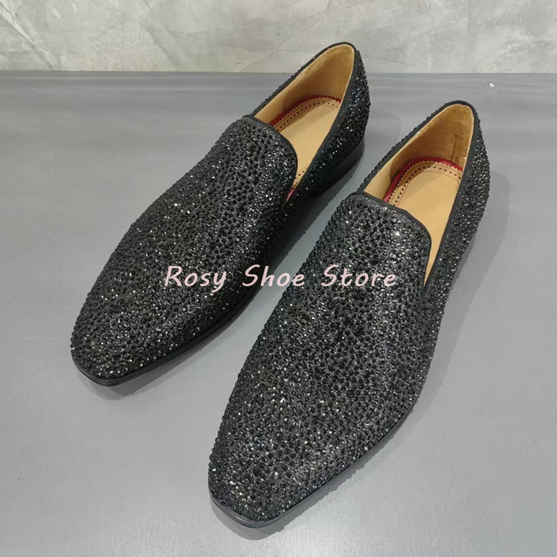 Men's Multicolor Luxury Handmade Diamond Loafers Pointed Toe Leather Rhinestones Slip On Fashion Flat Shoe Versatile Party Shoes